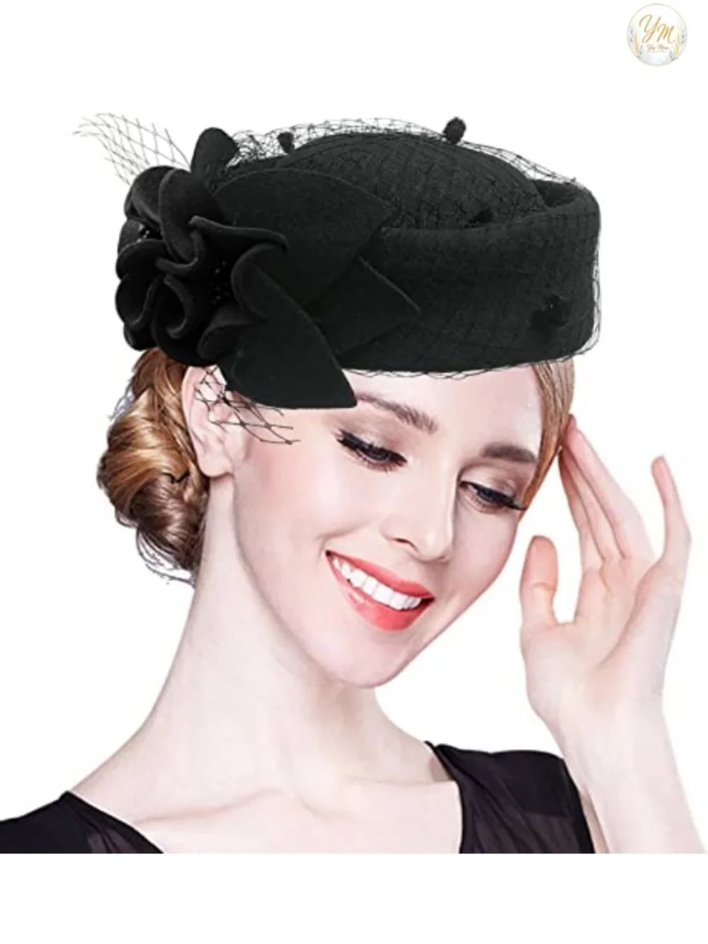 Wool Felt Pillbox Hat with Veil Flower for Wedding Church Derby Fascinator